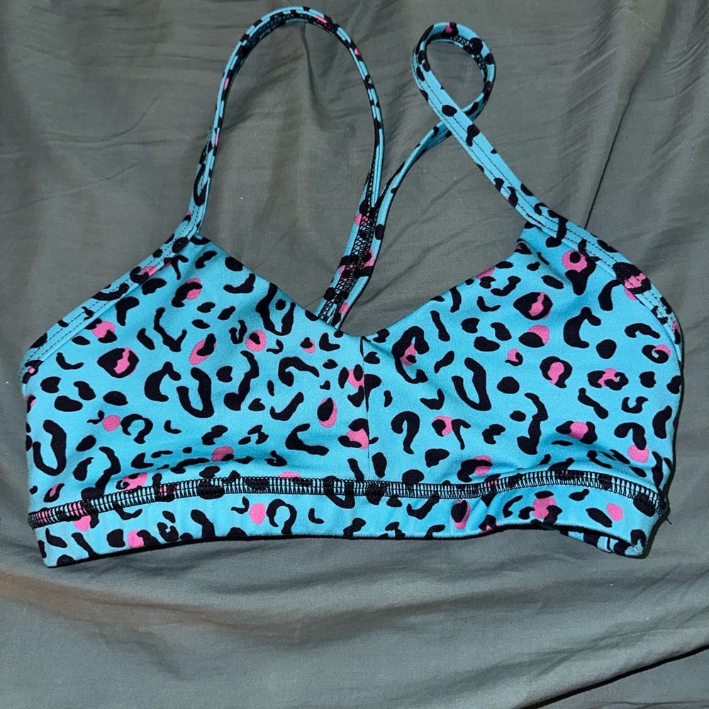 Fleo Light Blue Leopard Print Sports Bra with Pink and Black Accents